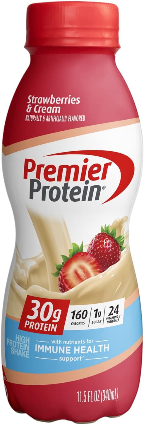 Premier Protein Shake, Strawberries & Cream, 30g Protein, 1g Sugar, 24 Vitamins & Minerals, Nutrients to Support Immune Health,11.5 fl oz