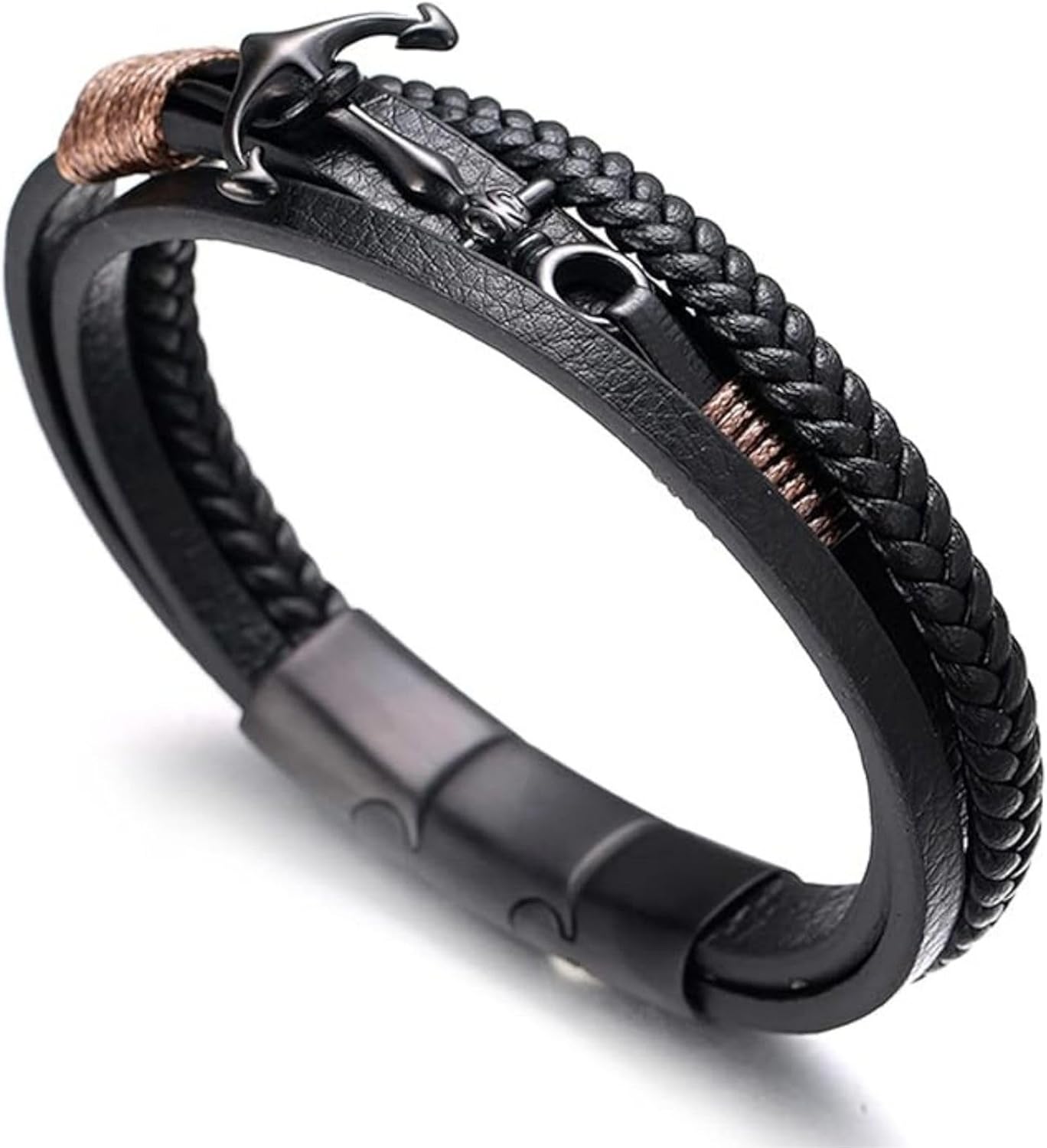 HALUKAKAH Kids ● SAIL Junior ● Boy's Genuine Leather Handmade Braid Anchor Bracelet 6-16 Y/O. Titanium Matt Magnetic Clasp 2 Sizes 18+1.5cm with Free Giftbox