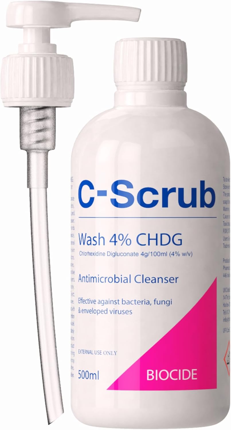 C-Scrub Wash Chlorhexidine 4% w/v | 500ml | Anti-Microbial Hand, Skin Cleanser | Pump Dispenser | Antibacterial Wash