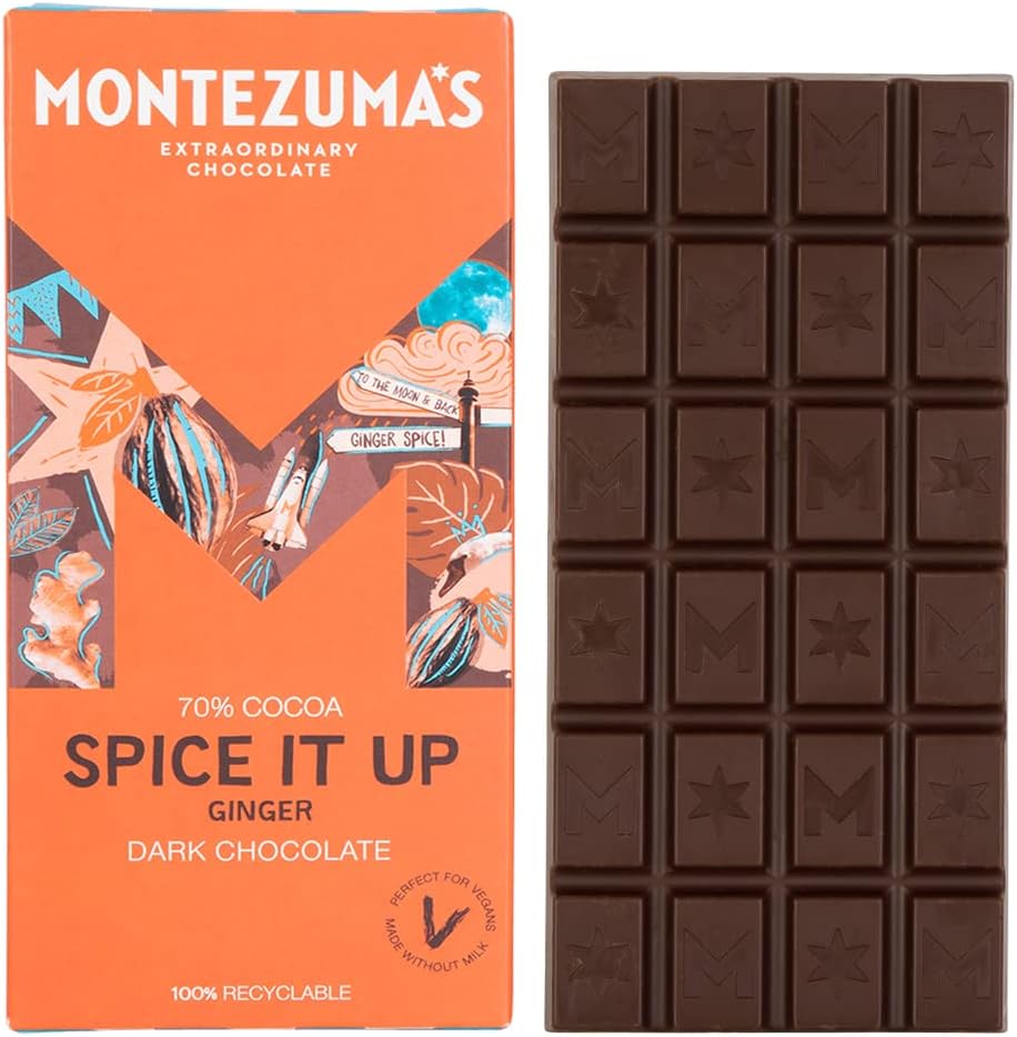 Montezuma's Spice It Up, 70% Cocoa, Dark Chocolate With Ginger, Gluten Free & Naturally Vegan, 90g Bar