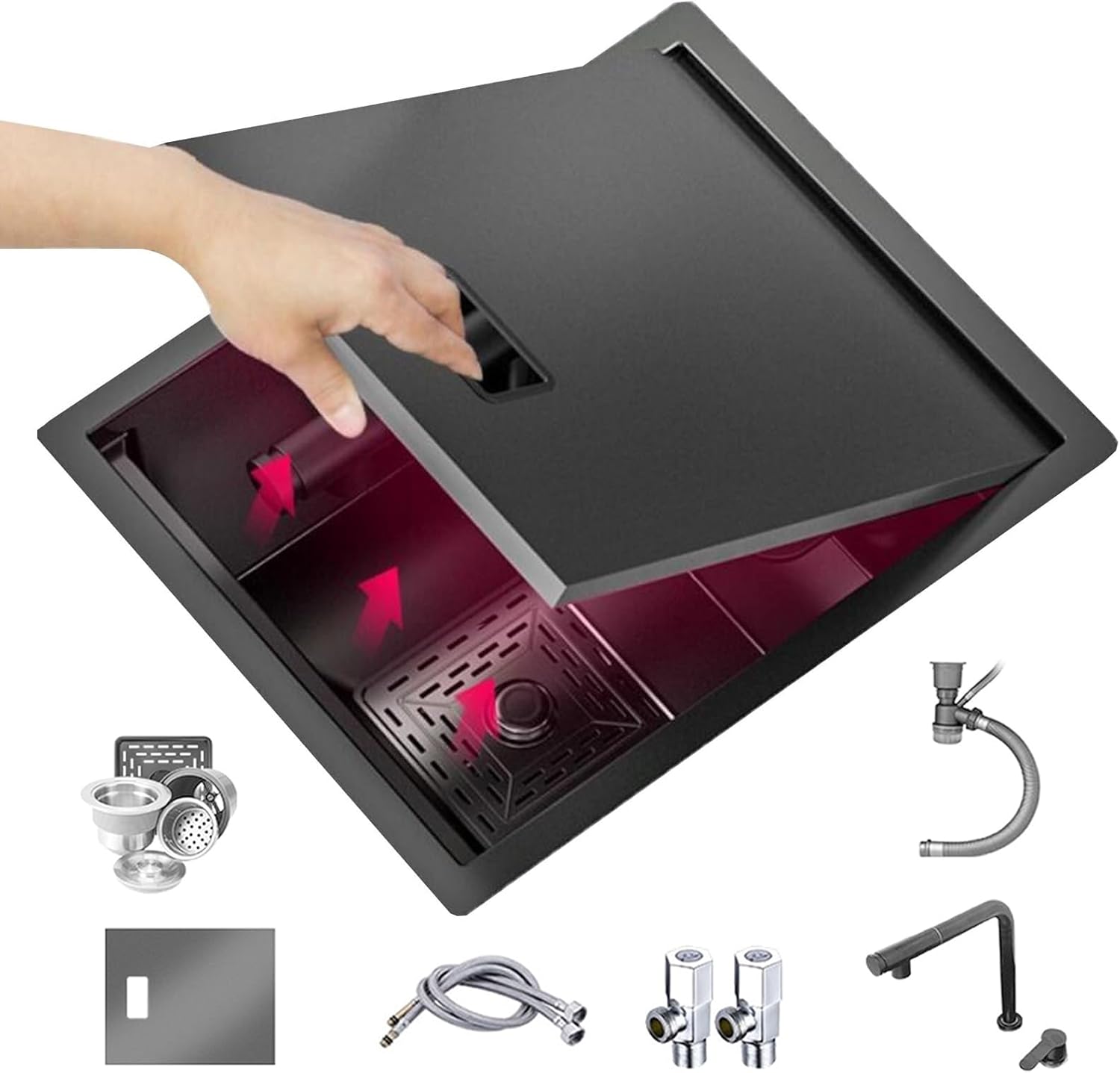 Invisible Sink with Pull-Out Lifting Faucet Cover RV Studio Outdoor Bar Kitchen Sink Stainless Steel Concealed Vegetable Washbasin(40 * 44 * 22cm)