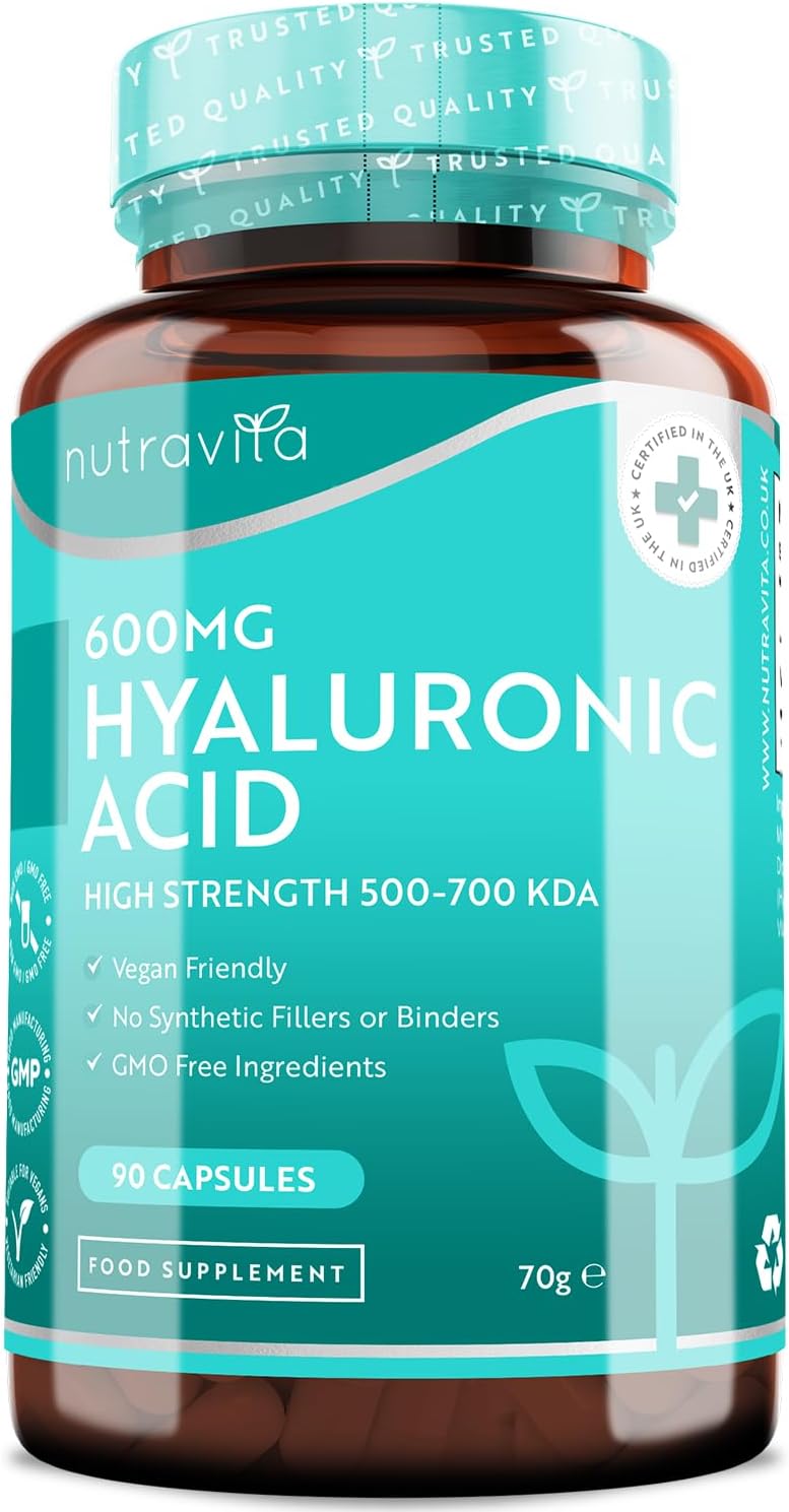 Hyaluronic Acid Capsules - 3 Month Supply of 600mg Hyaluronic Acid Capsules - High Dose with 500-700 KDA - GMO Free with No Synthetic Fillers or Binders - Made in The UK by Nutravita
