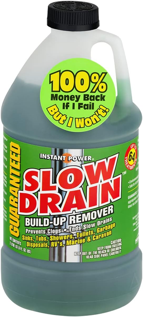 Instant Power Slow Drain Build Up Remover – Prevents Clogs, Ends Slow Drains for Sinks,Tubs, Showers, Toilets, Disposals, RVs, 2 Liters