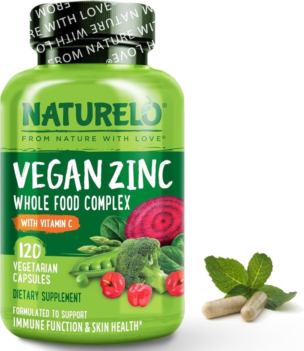 NATURELO Vegan Zinc Immune Support Capsules - Whole Food Complex with Vitamin C for Healthy Skin, Hair, and Nails - 120 Capsules