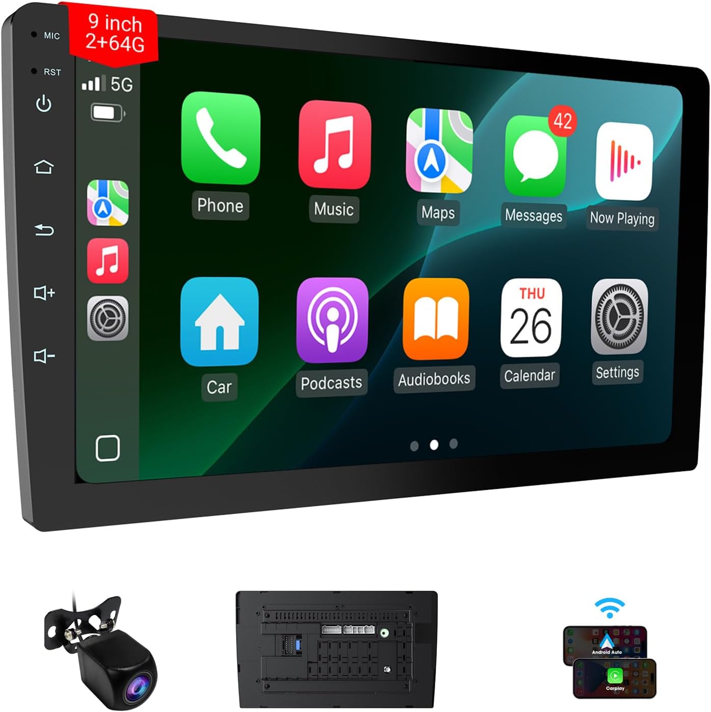 9" Double Din Car Stereo - Wireless Apple CarPlay & Android Auto, HD Touchscreen Car Radio with Backup Camera, Bluetooth 4.1, Mirror Link, 2+64GB, GPS Navigation, Voice Control, WiFi, FM/AM/RDS