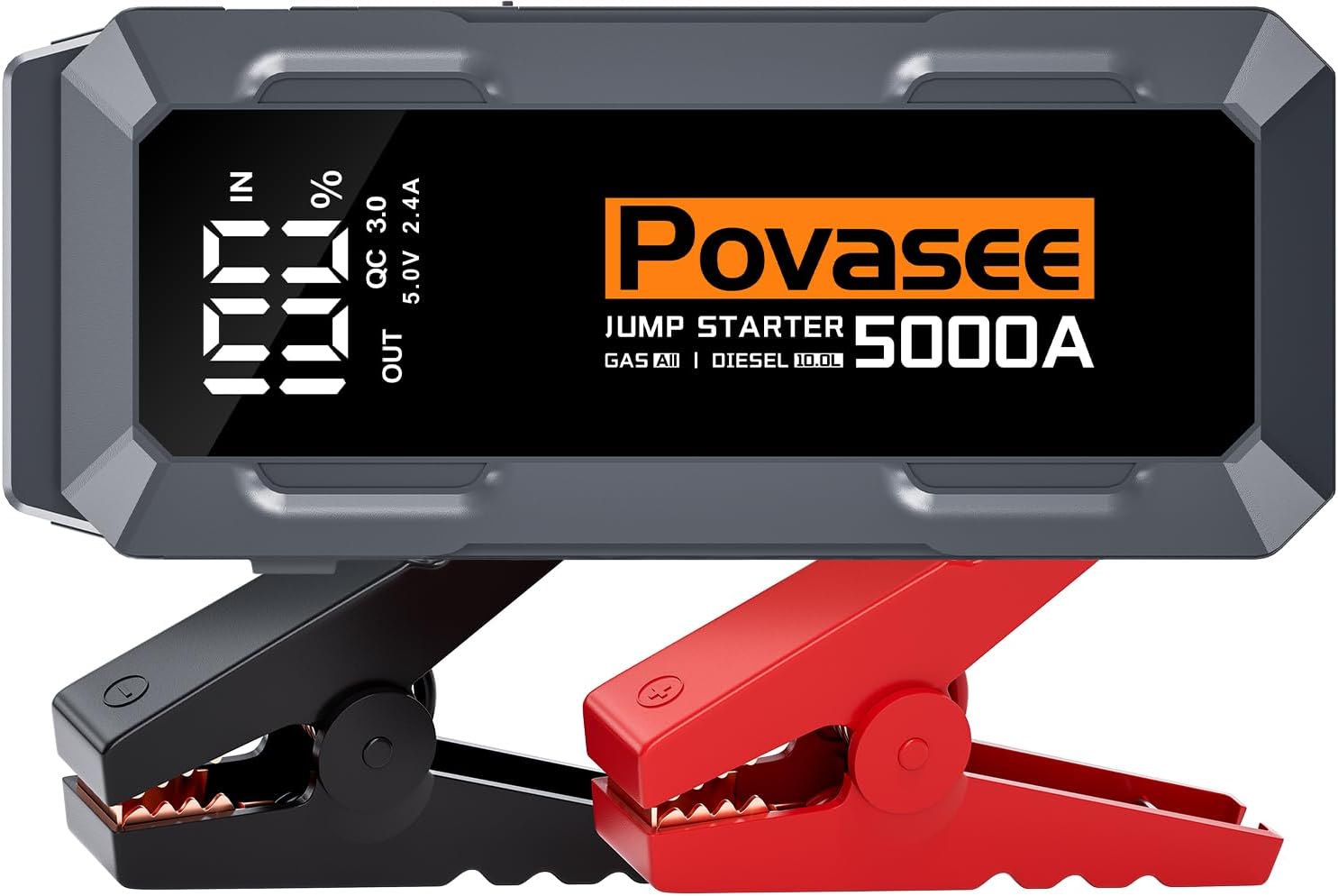 Povasee Jump Starter Power Pack, 5000A Car Battery Booster Jump Starter (up to All Gas or 10L Diesel) with 3" LCD Display, Car Starter with 2 USB Ports, Jump Leads and LED, Jump Pack for 12V Vehicles