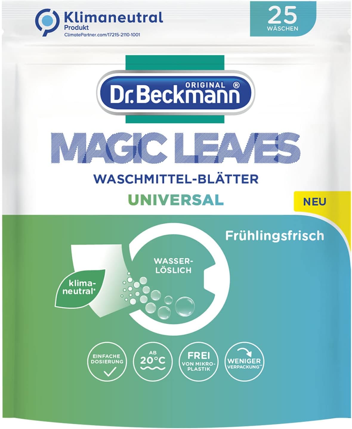 Dr. Beckmann Magic Leaves Universal Detergent Sheets, Pre-Dosed and Water-Soluble Wash Sheets, Space-Saving and Easy to Use