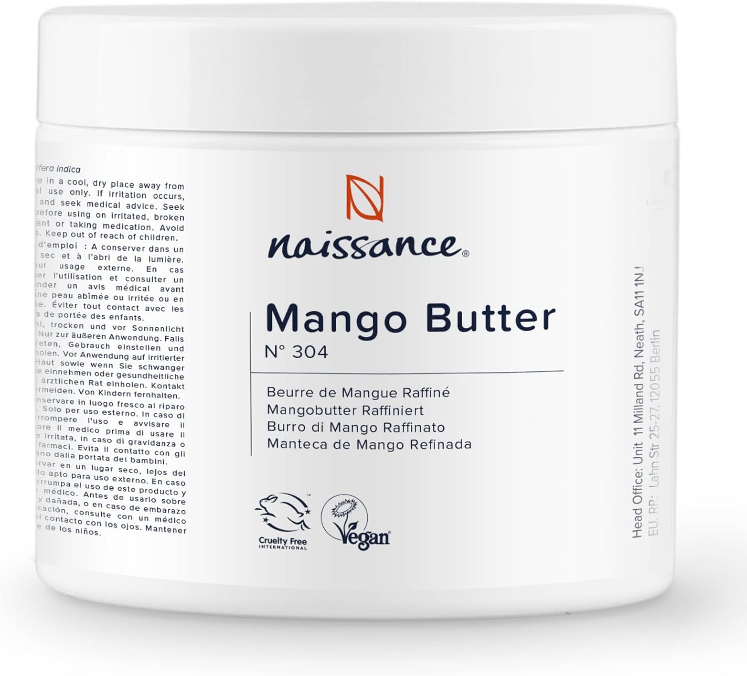 Naissance Refined Mango Butter (No. 304) - 250g - Moisturising and Nourishing - for Aromatherapy, Skincare, Haircare, Massage and DIY Beauty Recipes