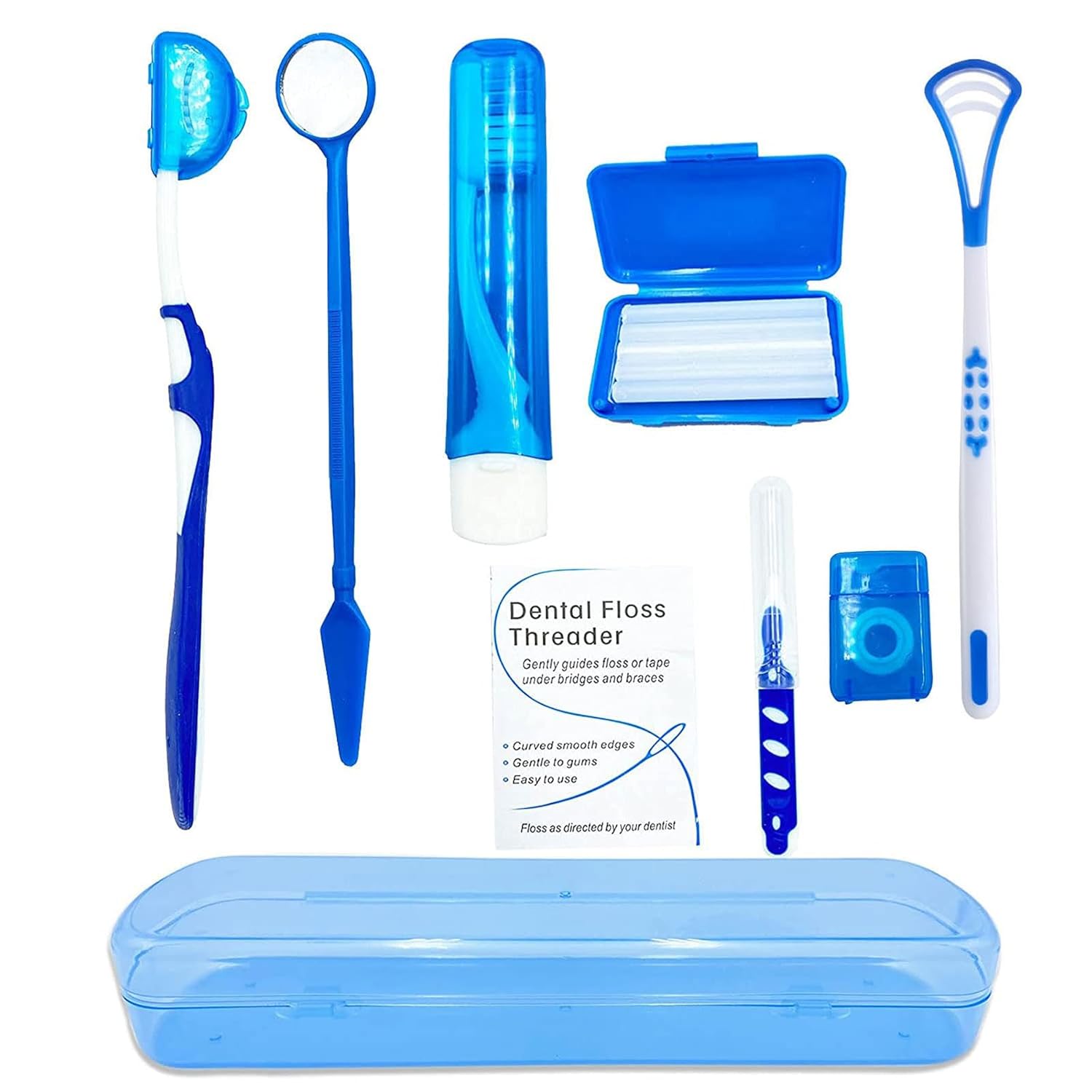 Portable Orthodontic Oral Care Kit for Braces - Interdental Brush Dental Wax Dental Floss Toothbrush Cleaning Kit(Blue)