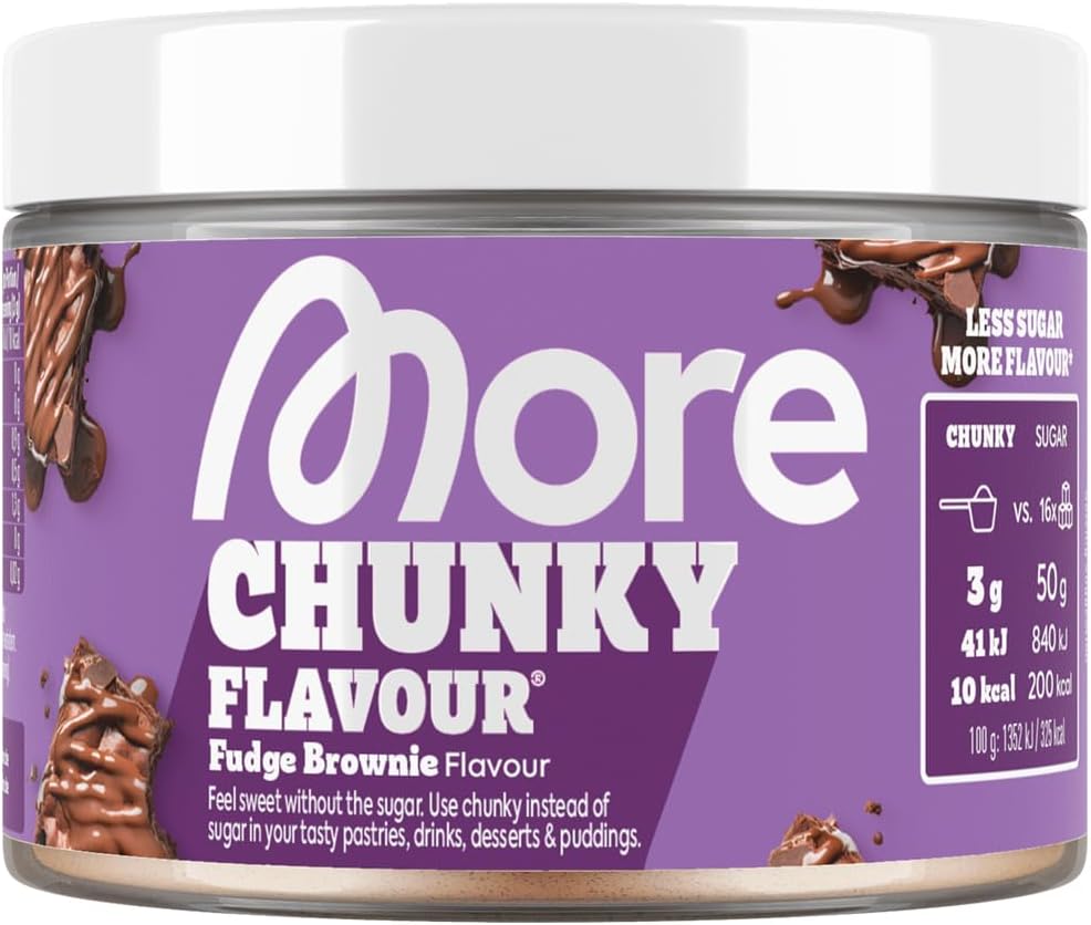 MORE Chunky Flavour, Fudge Brownie, 150 g, flavour powder for sweetening, low in sugar and calories, with inulin and lactase – made in Germany