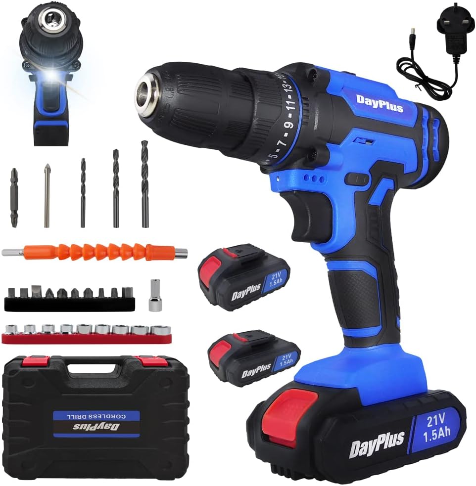 21V Cordless Power Drill with 2 Batteries,Handheld Electric Screwdriver Drill Set,45Nm 25+1 Torque Setting, 2-Speed Combi Drill, 3/8" Chuck Drill Driver Kit with 26 Drill Bits and Kit Box for Home DIY