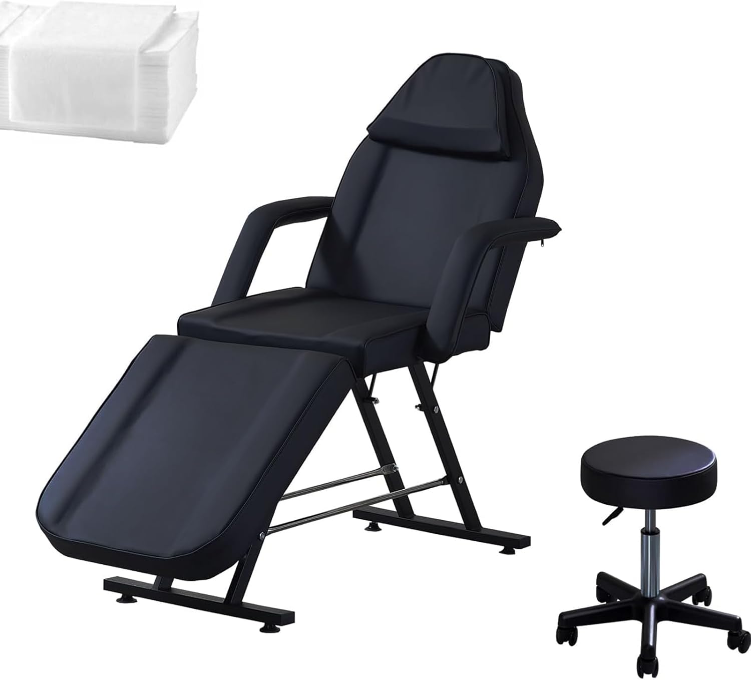 Beauty Bed With Stool & Sheets 3 Section Adjustable Massage Table And Stool Massage Tattoo Bed With Removable Armrests Headrest Salon Lash Bed For Spa Salon (Black)