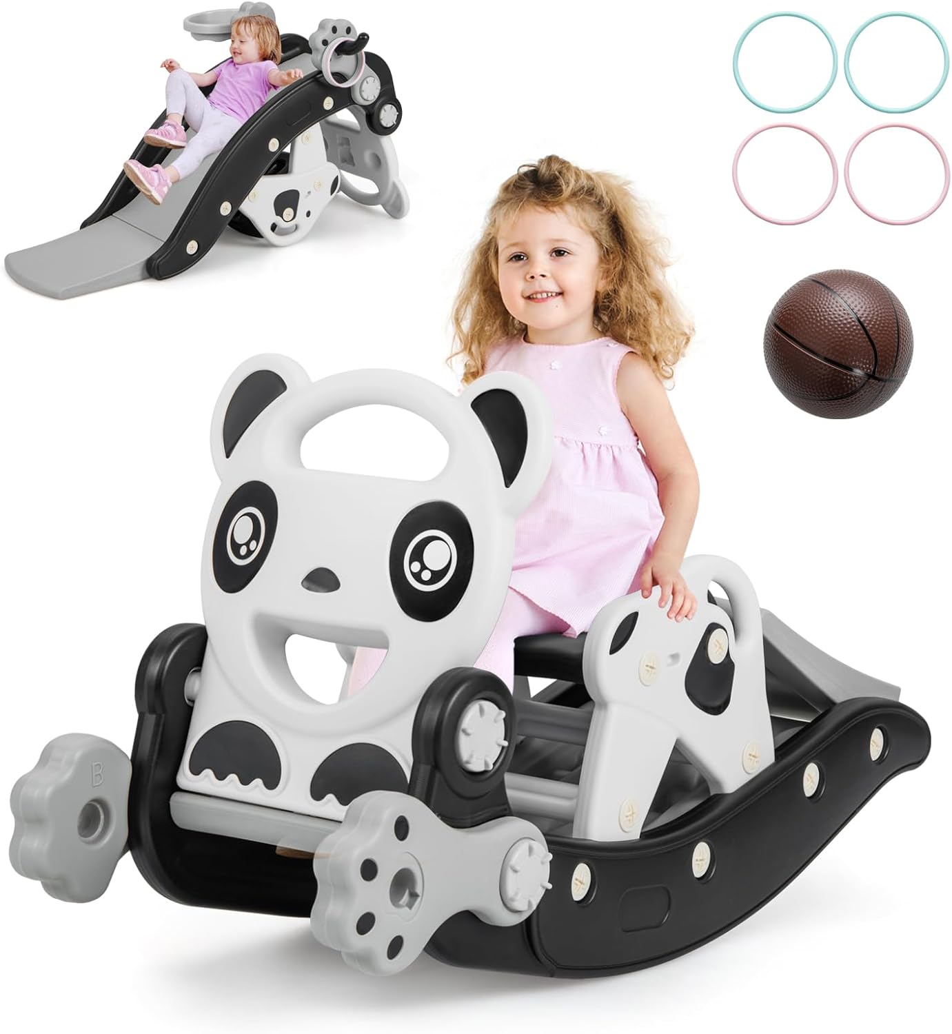 GYMAX Kids Rocking Horse, 5 in 1 Toddler Slide with Basketball Hoop & Ring Game, Indoor Rocking Toy Children Freestanding Slide for 1-5 Years Old Boys Girls (Black+Grey)