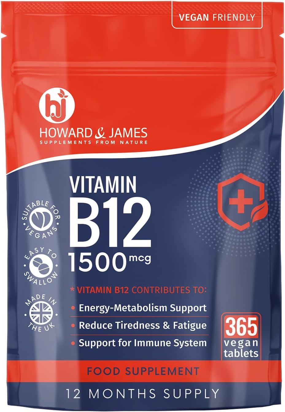 HOWARD & JAMES Vitamin B12 Methylcobalamin 1500mcg Vegan Tablets 365 Count for Tiredness and Energy