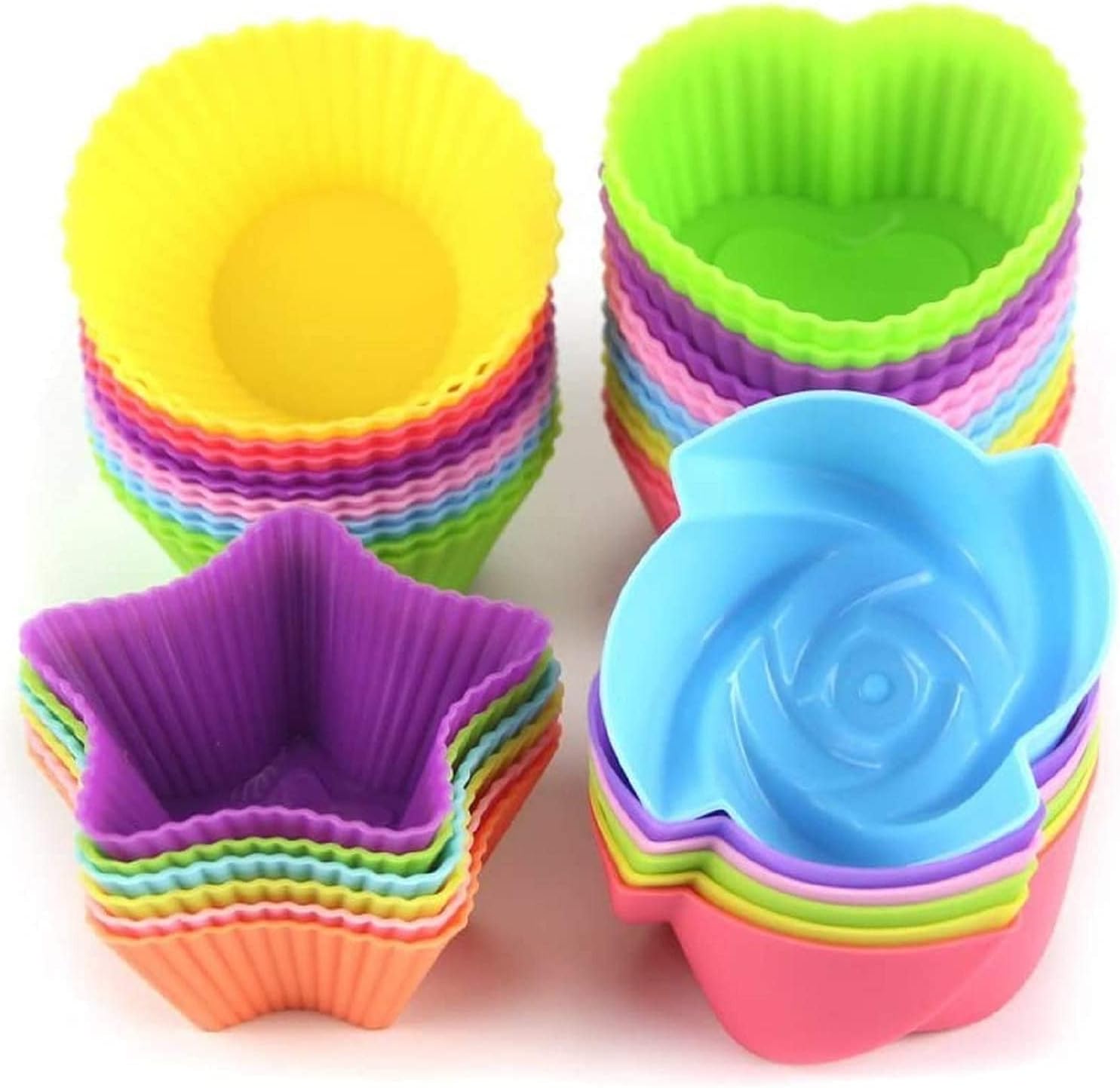 Silicone Cupcake Liners for Baking, 24Pcs Reusable Muffin Cups Greaseproof Muffin Liners Nonstick Baking Molds with Round, Stars, Heart, Flowers Shape for Kids