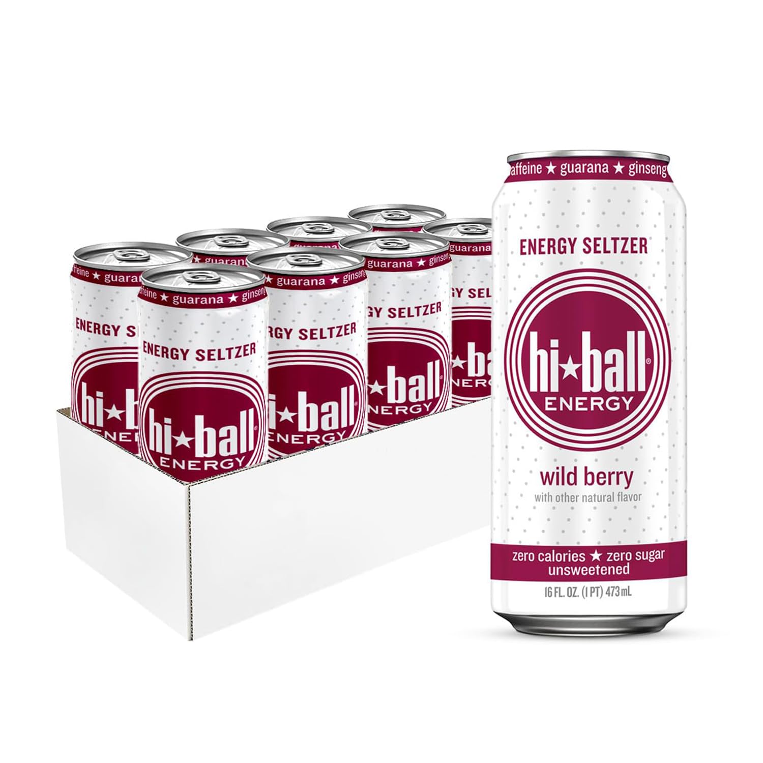 Hiball Clean Energy Drink - Wild Berry - Zero Sugar, Zero Calorie Sparkling Water with 160mg Organic Caffeine, 50mg Organic Ginseng, 50mg Organic Guarana and B Vitamins - 16 fl oz (8-Pack)