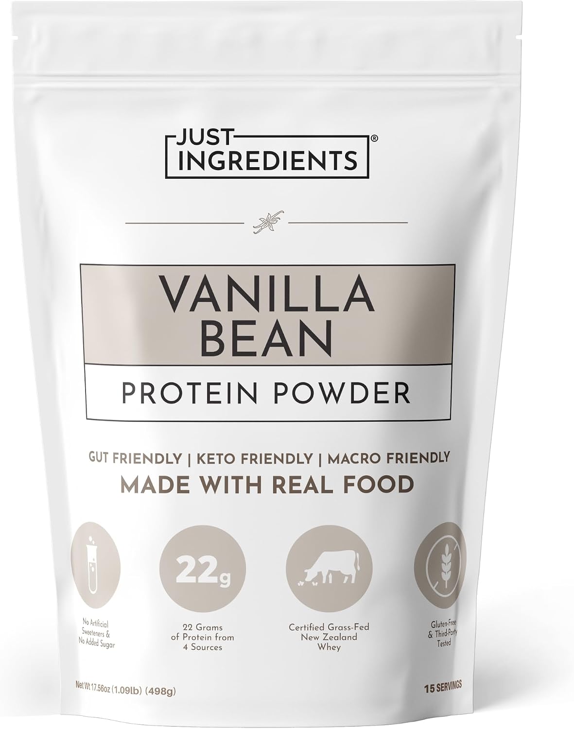 JUST INGREDIENTS Vanilla Protein Powder - Grass-Fed Whey - 15 Servings | Multi-Source Blend, Collagen And Pea, Gluten Free, Keto Friendly, No Artificial Sweeteners, Soy And Sugar Free, Adult Use