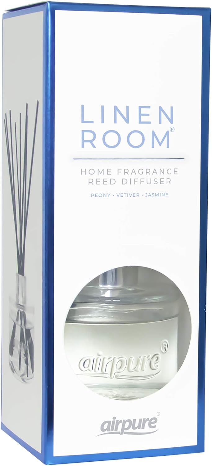AIRPURE Reed Diffuser, 100ml Oil Set with Sticks, 8X Black Reeds, Continuous Room Scent, Diffusers for Home Use in Living Room, Kitchen or As Bathroom Freshener - Linen Room Fragrance