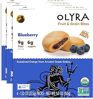 Olyra Blueberry Organic Fruit Bars, Prebiotic High Fiber Snack, Gut Health, Fruit Filled & Whole Grain Bites, Kids Healthy Snacks, Low Sugar, Vegan, USDA Certified Organic, Non GMO 4 Count (Pack of 3)