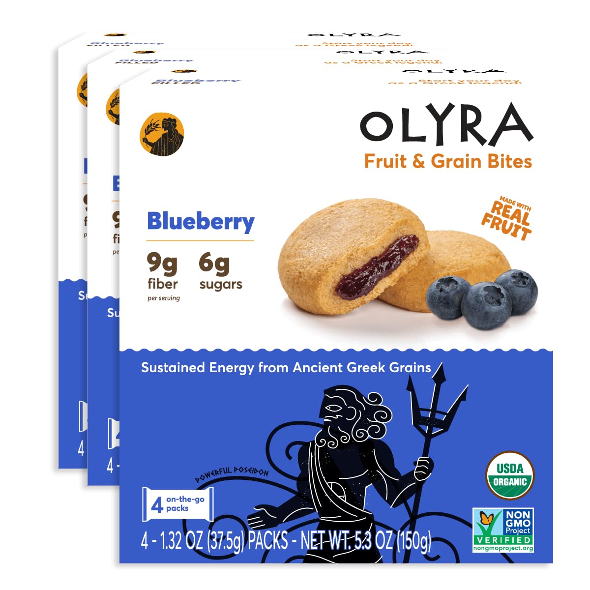 Olyra Blueberry Organic Fruit Bars, Prebiotic High Fiber Snack, Gut Health, Fruit Filled & Whole Grain Bites, Kids Healthy Snacks, Low Sugar, Vegan, USDA Certified Organic, Non GMO 4 Count (Pack of 3)