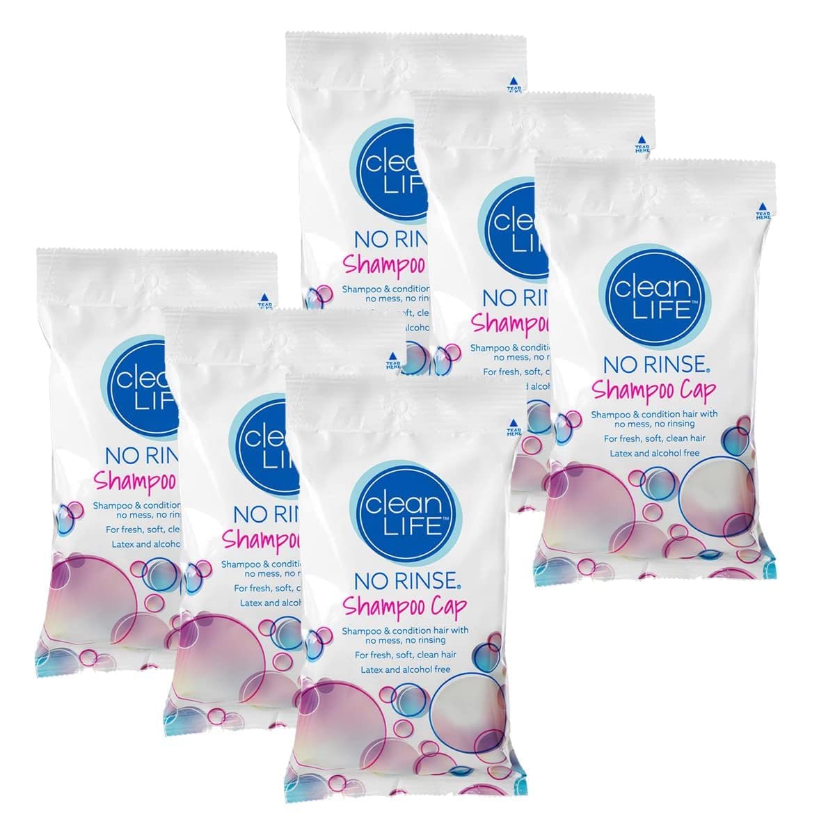 Cleanlife Products No-Rinse Shampoo Cap (6 Pack) - Waterless, Rinseless Hair Washing and Conditioning Shower Caps for Bathing Elderly, Bedridden, Hospital Patients - Disposable, Hypoallergenic