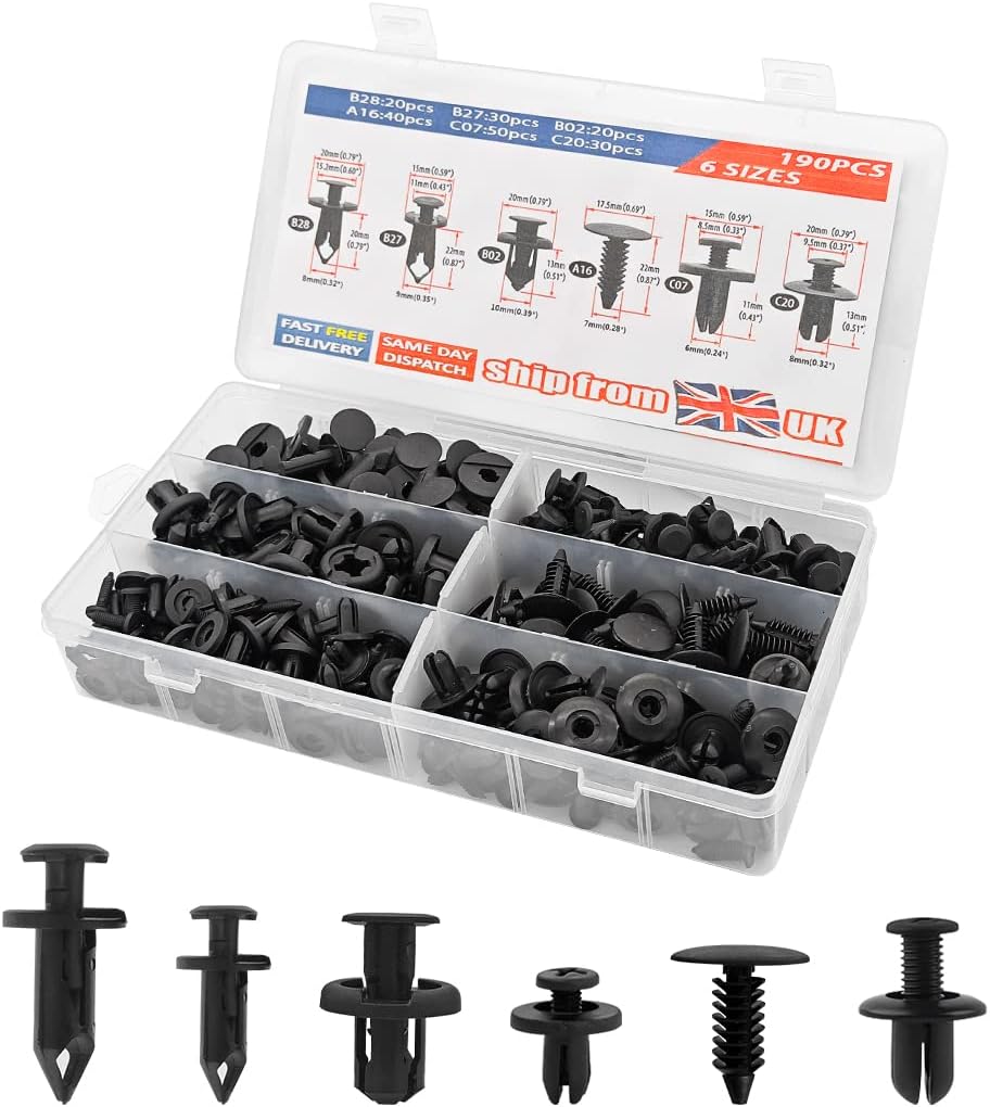 JNNJ 190Pcs Car Fixing Clip Kit, Car Plastic Rivets, Body Trim Clips, Bumper Protection Retainers, Car Push Fastening Clips in a Box, Contains 6 Regular Sizes, Universal for Most Vehicles
