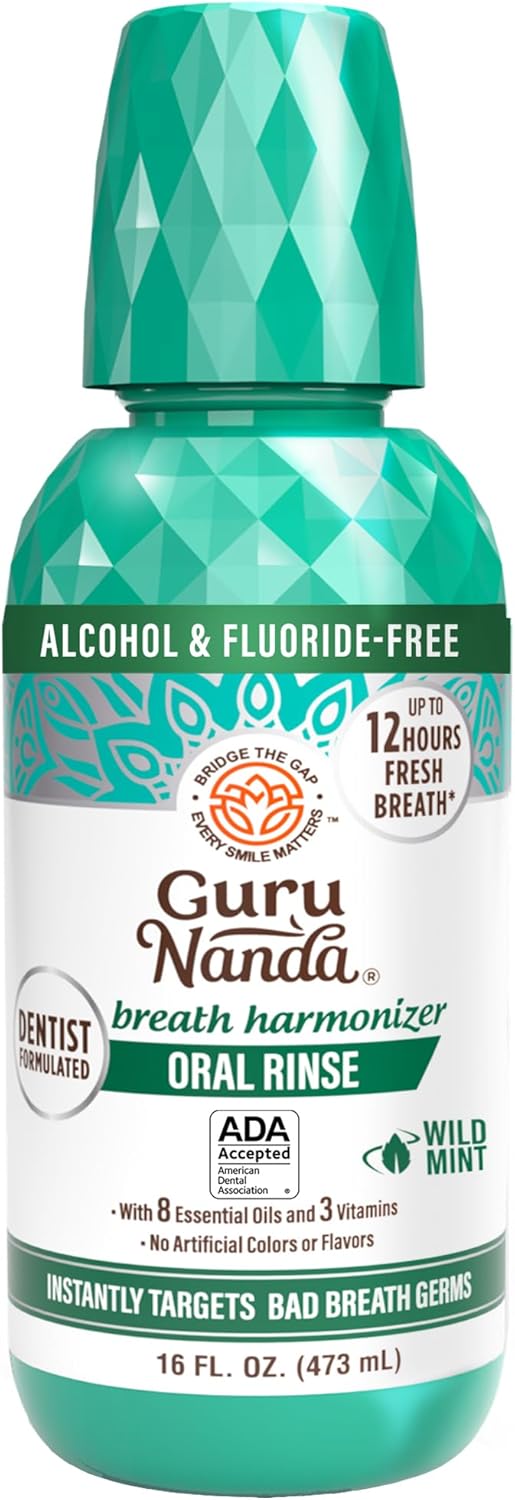 GuruNanda Oral Rinse Fresh Breath Mouthwash, ADA-Accepted Alcohol-Free Mouthwash, 7 Essential Oils & Vitamins, SLS & Flouride-Free, Wild Mint, 473 ml