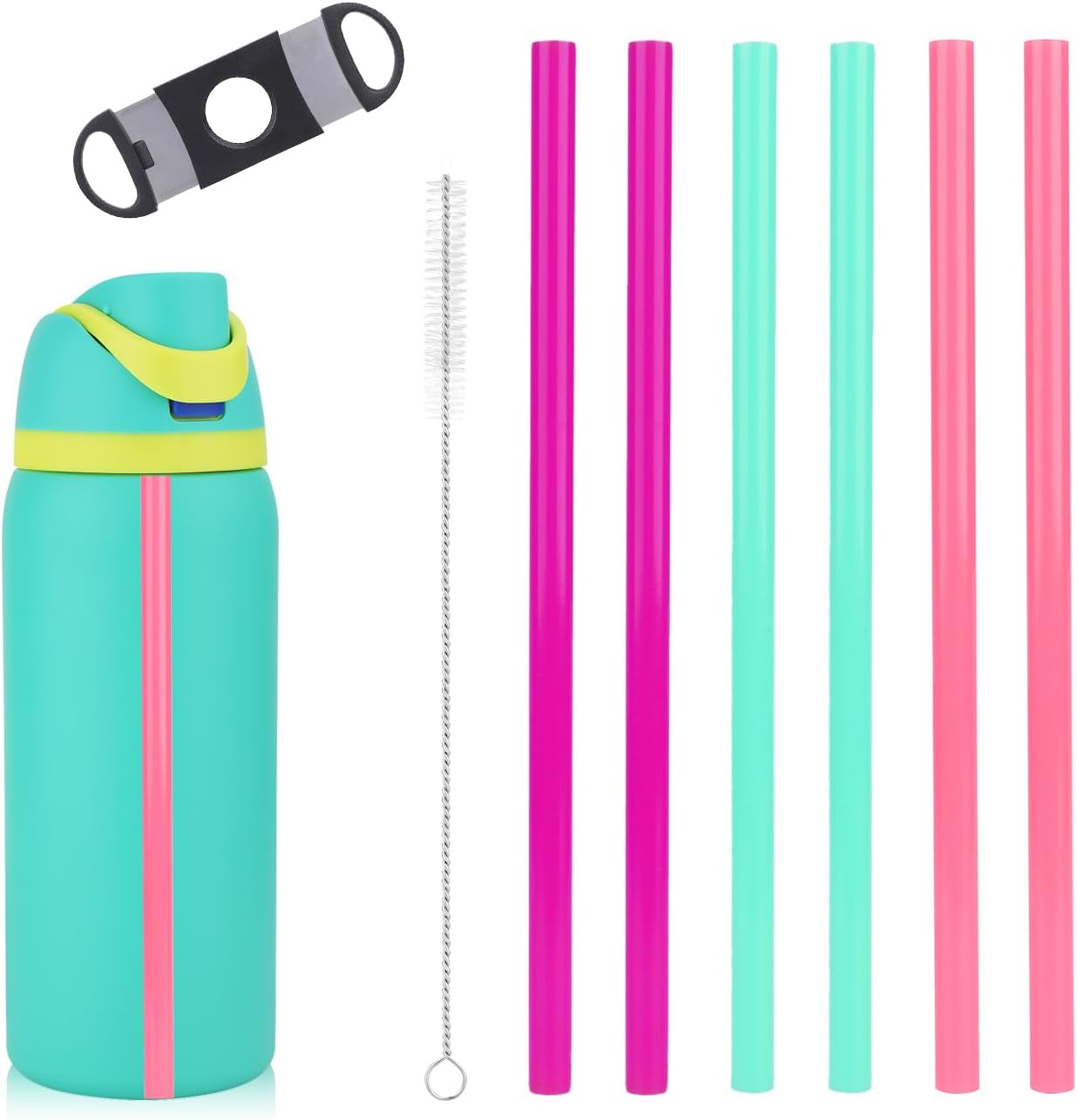 BOXOB 6pcs Replacement Straws with Scale for Owala FreeSip Water Bottles 14/16/19/24/32/40oz, Colored Plastic Reusable Tumbler Straw with Cleaning Brush & Cutting Tool