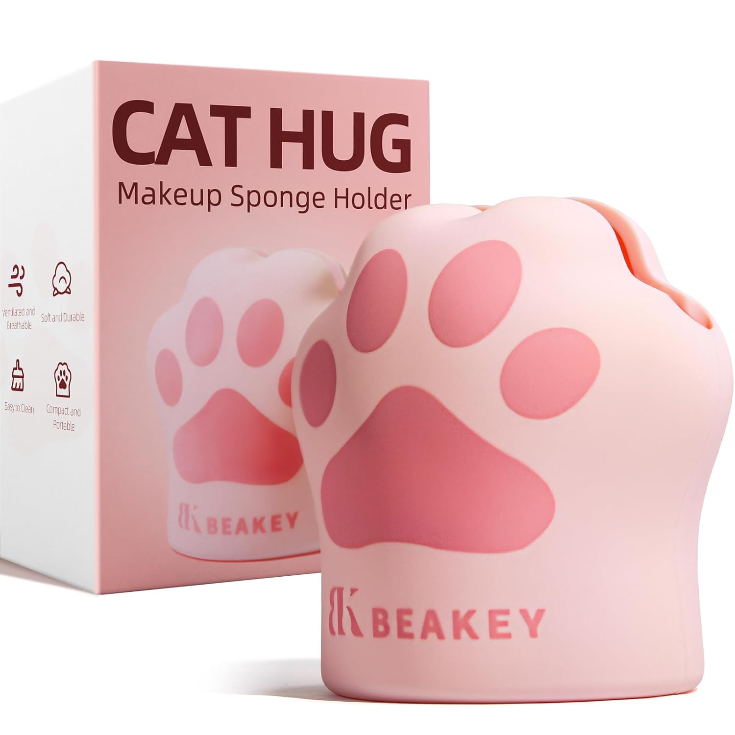 BEAKEY Cat Hug Makeup Sponge Holder, Silicone Beauty Sponge Blender Case with Vent Design for Quick Drying, Compact Travel Essentials Make Up Puff Blender Container - Pink