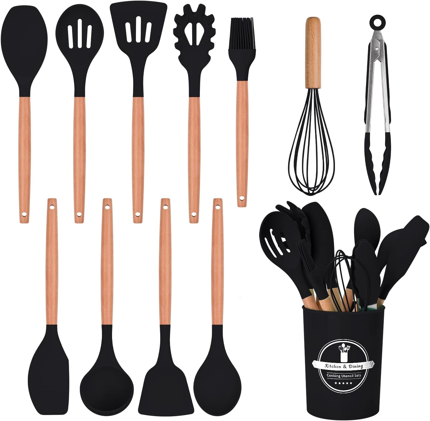 FIOUSY Kitchen Utensil Set, 12 PCS Silicone Cooking Utensils Set with Wooden Handle, Heat Resistant, Nonstick Cookware Tongs Spatula Spoon Set, Dishwasher Safe, Best Kitchen Tools (Black)