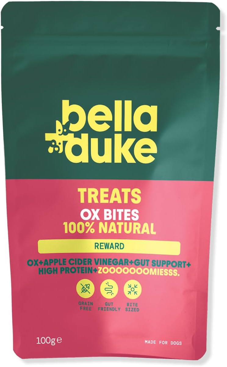 Bella & Duke Ox Bites for Dogs - Beef Hearts Snack with Organic Apple Cider Vinegar for Gut Health & Sensitive Stomachs - With B Vitamins & Iron - High Value Training Rewards - 100% Natural Dog Treats