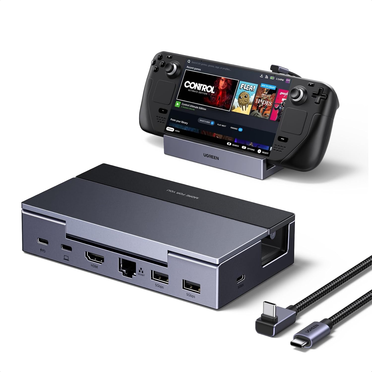 UGREEN Steam Deck Dock (6-in-1), 4K@120Hz HDMI, 100W PD, 1Gbps Ethernet, USB-A & C Ports, Adjustable & Foldable Aluminum Stand, Detachable USB-C Cable for Steam Deck (OLED), ROG Xbox Ally X, Legion Go