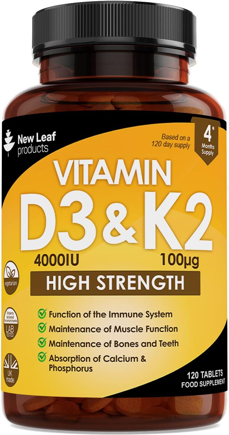Vitamin D3 K2 - Vitamin D3 4000iu & Vitamin K2 100ug (MK7) 4 Months Supply, Supports Immunity, Calcium Absorption and Bone Health, Non-GMO, UK Made by New Leaf 365 Micro Small Vegetarian Tablets,
