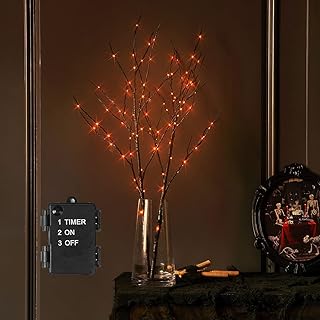LITBLOOM Halloween Tree Branch Lights 32IN 100 Orange LED with Timer, Lighted Black Twig Branches with Fairy Lights for Halloween Decoration Indoor Outdoor