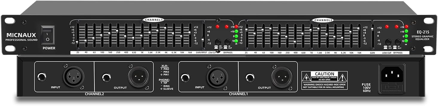 Stereo Equalizer for Home Audio System, Dual Channel 15-Band Graphic Equalizer Professional Rack Mount DJ EQ, Noise Reduction - EQ215