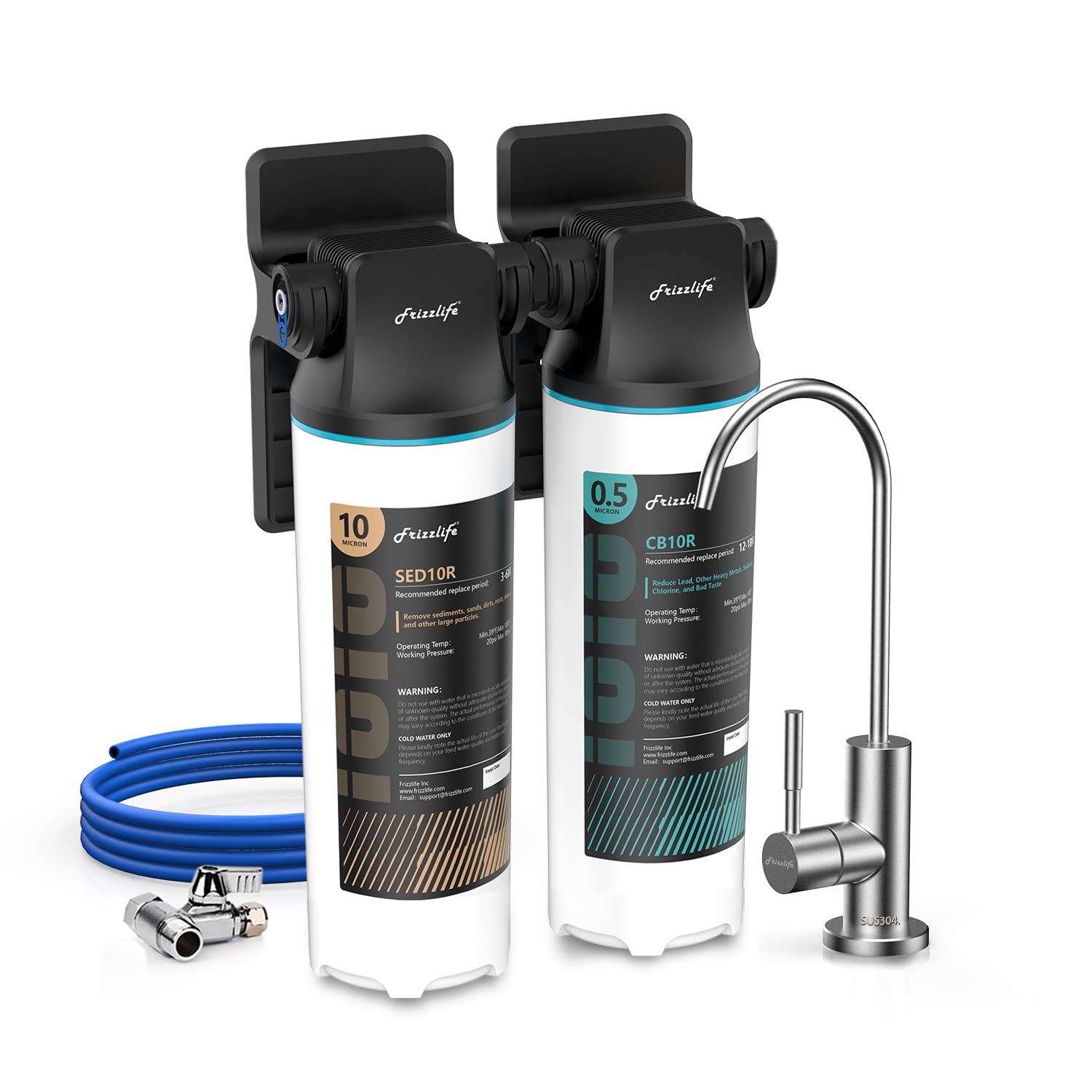 Frizzlife DW10F Under Sink Water Filter System with Brushed Nickel Faucet, NSF/ANSI 53&42 Certified Elements, Reduces 99.99% Lead, Chlorine, Fluoride, Bad Taste & Odor, 0.5 Micron