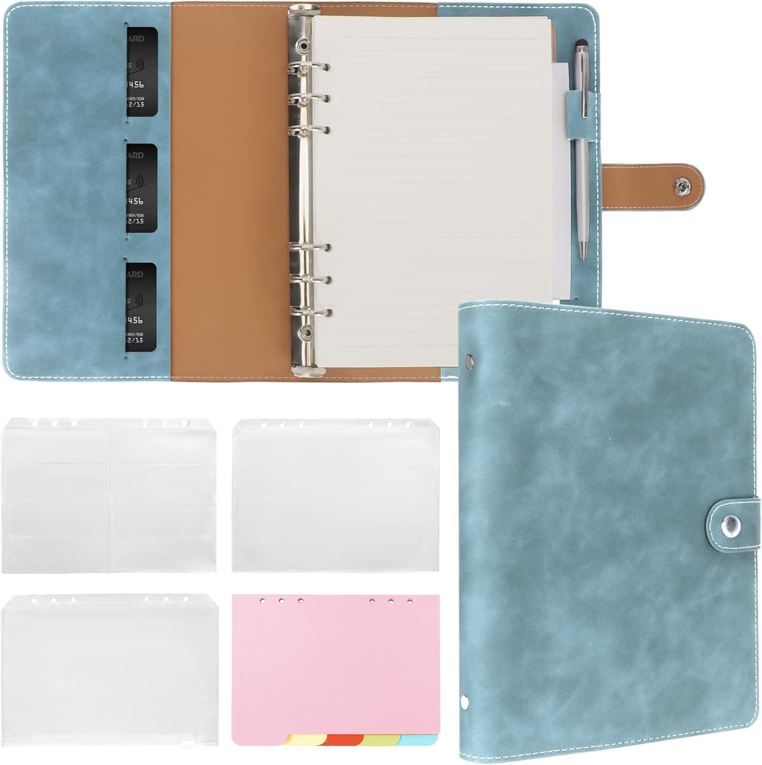 FYY Leather A5 Ring Binder Notebook, 6 Ring A5 Binder with A5 Refill Papers, Binder Pockets and Subject Dividers Paper Sheet, Travel Binder Journal Personal Planner with Ring Binder Cyan