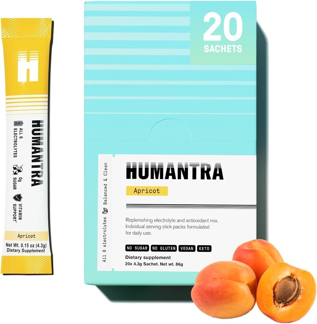 Humantra Electrolyte Packets | Electrolyte Powder Mix | W/ 6 Electrolytes | Electrolytes Powder (20 Count, Apricot)