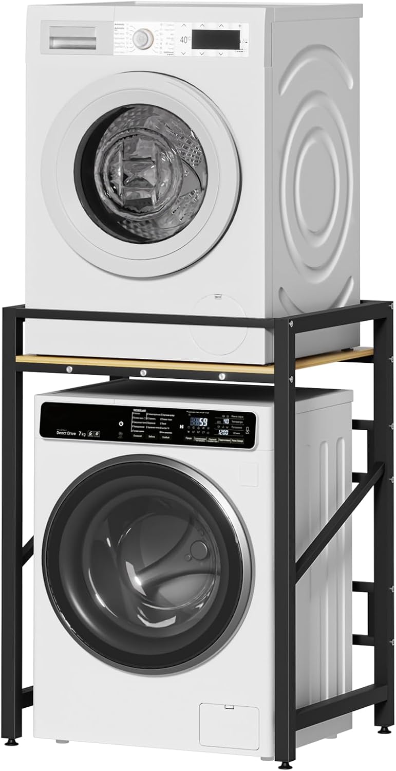 Washer Dryer Stand Stacking Kits, Height Adjustable Tumble Dryer Stand Stacking Kits with 250KG Load Capacity, Over Washer Storage Rack Unit for Front Loader Washing Machines (Burlywood)