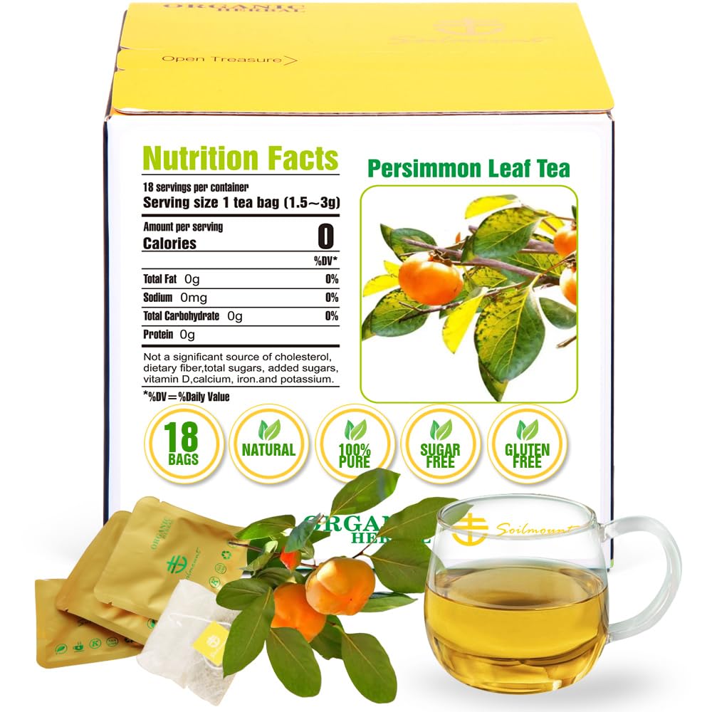 Soilmount Organic Persimmon Leaf Tea | 100% Natural Persimmon Leaves | Caffeine-Free Herbal Tea | 18 Tea Bags