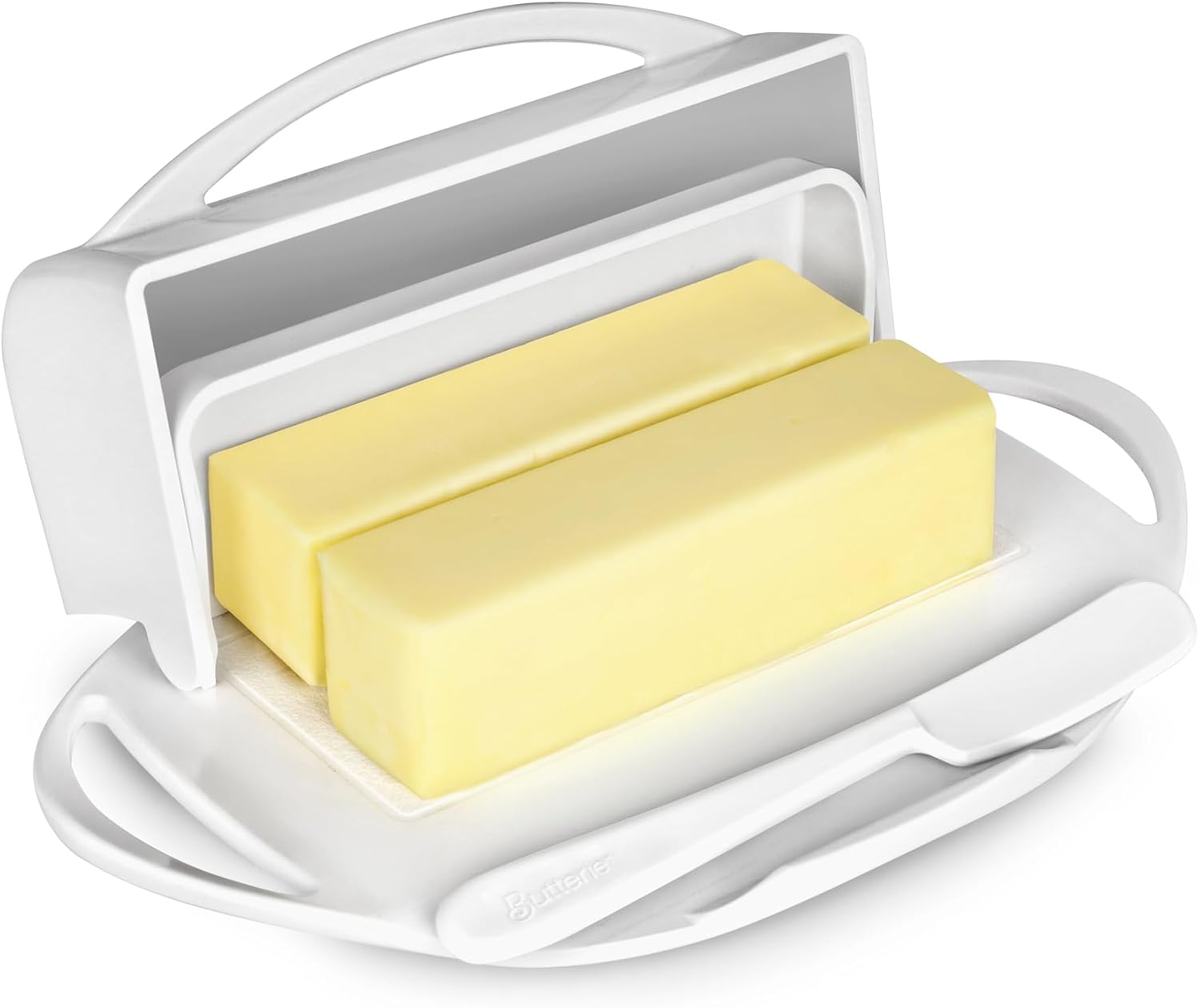 Butterie Flip-Top Butter Dish with Lid & Matching Knife, Holds 2 Sticks/European Butter, No-Mess Butter Holder, Shatterproof, Dishwasher Safe, White