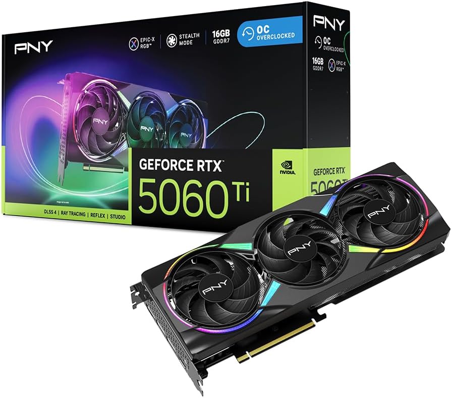 PNY NVIDIA GeForce RTX™ 5060 Ti Epic-X™ ARGB OC Triple Fan, Graphics Card (16GB GDDR7, 128-bit, Boost Speed 2692 MHz, SFF-Ready, PCIe® 5.0, HDMI®/DP 2.1, 2-Slot, NVIDIA Blackwell Architecture, DLSS 4)