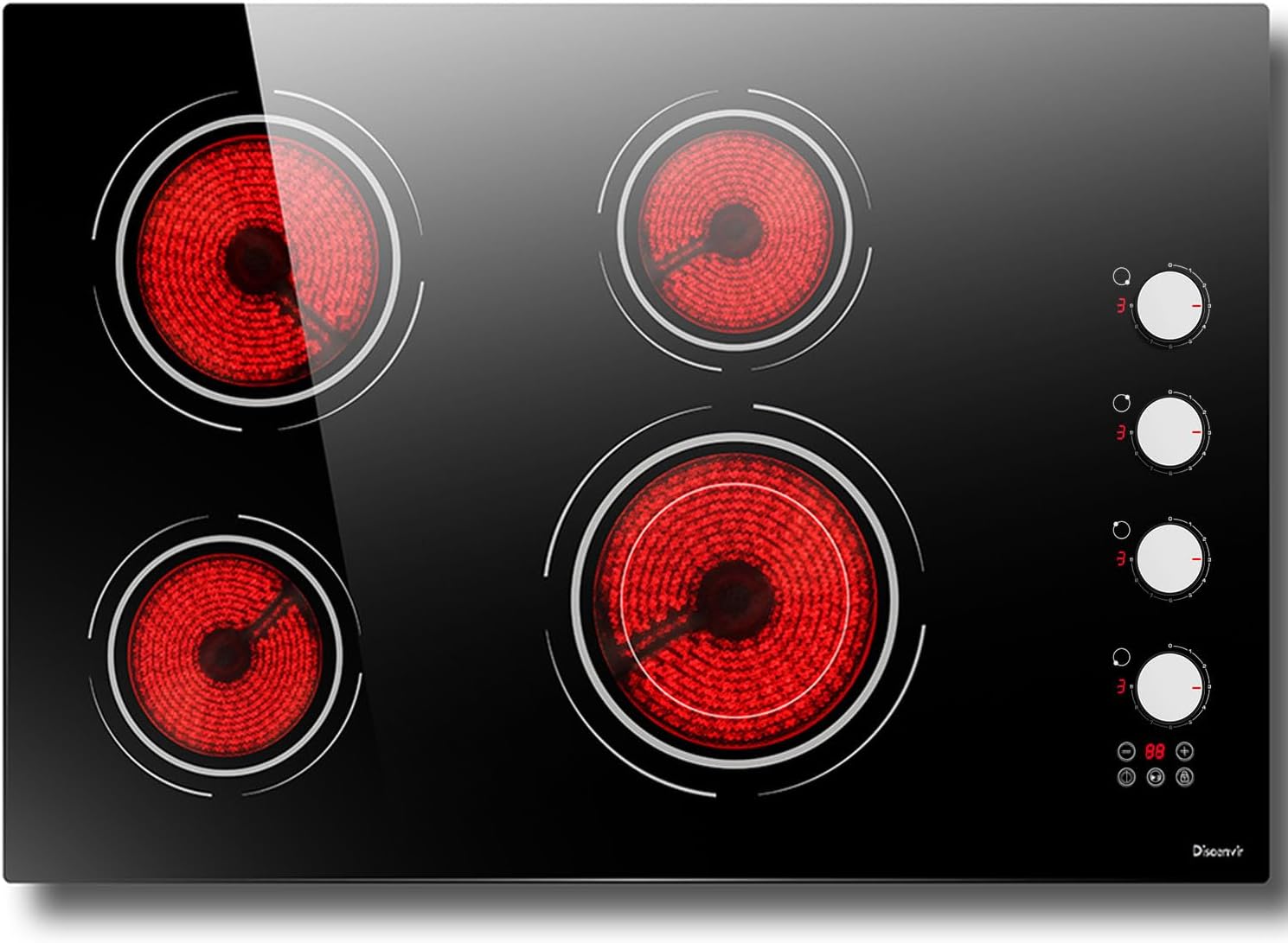 30 Inch Electric Cooktop 4 Burner - Built-in Ceramic Stove Top 6700W, 30" Radiant Electric Cook Top with Timer, Safety Lock, Pause, Dual Ring, 220V - 240V Hard Wired, No Plug (White Knob)