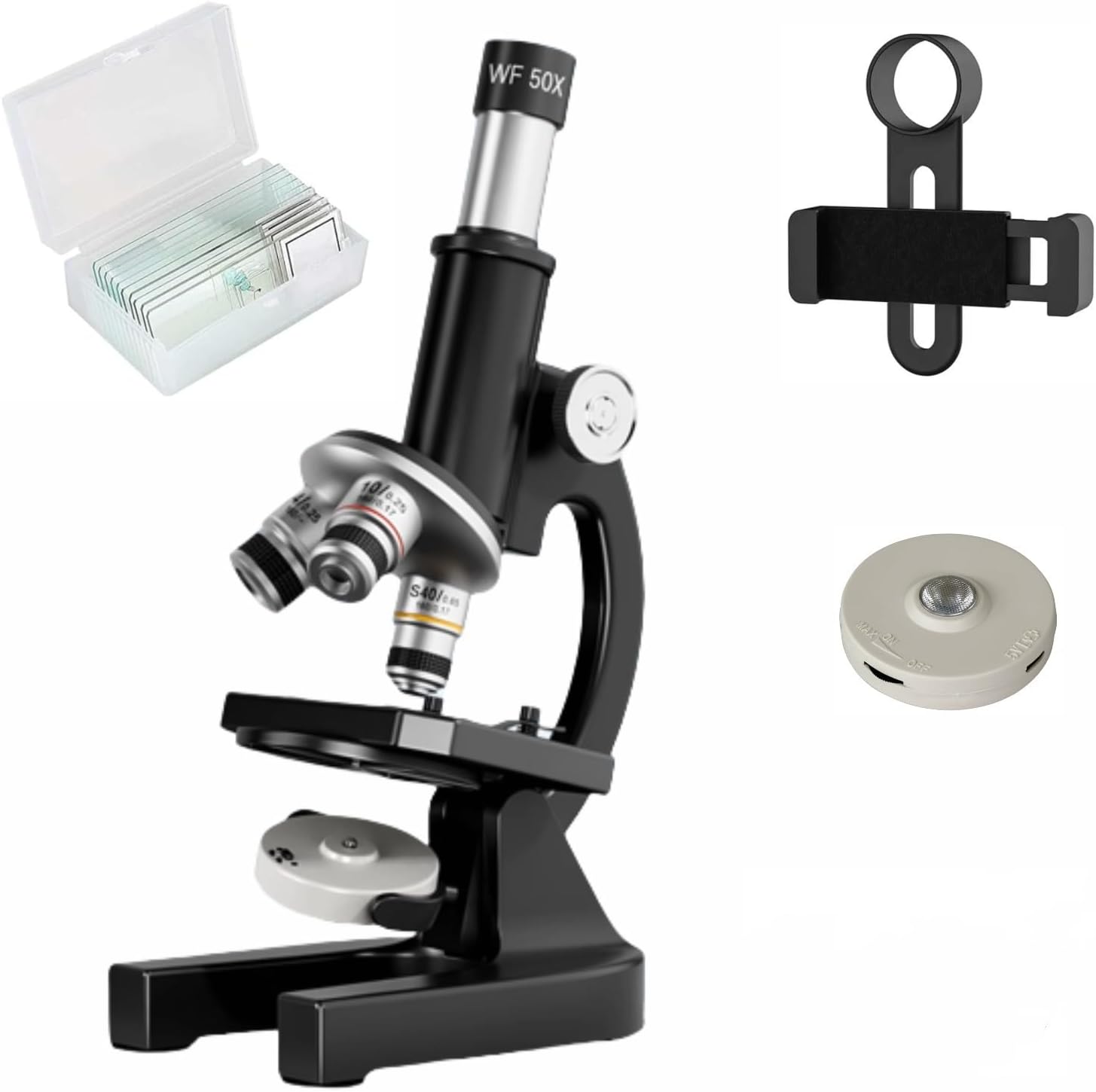 Microscope-200-4000X Magnification,Biological Educational Microscope for Students and Adults,with Phone Clip,Biological Specimen and Fill Light (black)