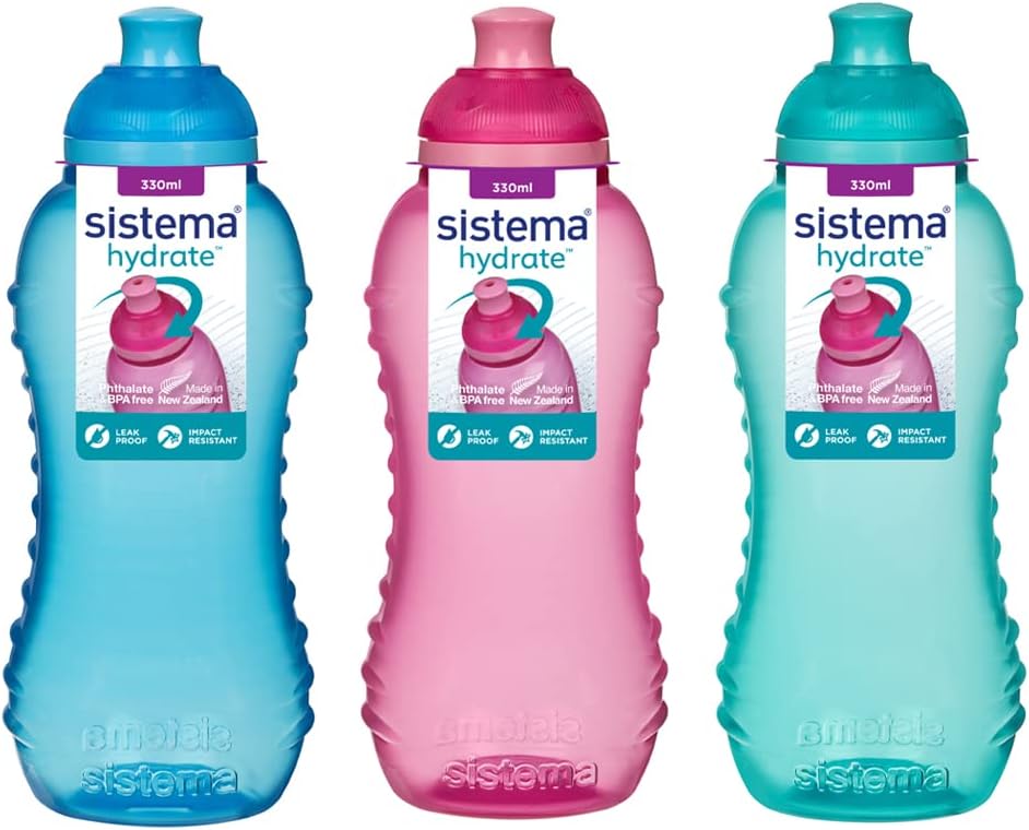 3 Sistema 330ml Twist n Sip Drink Bottles, Blue, Pink, Green