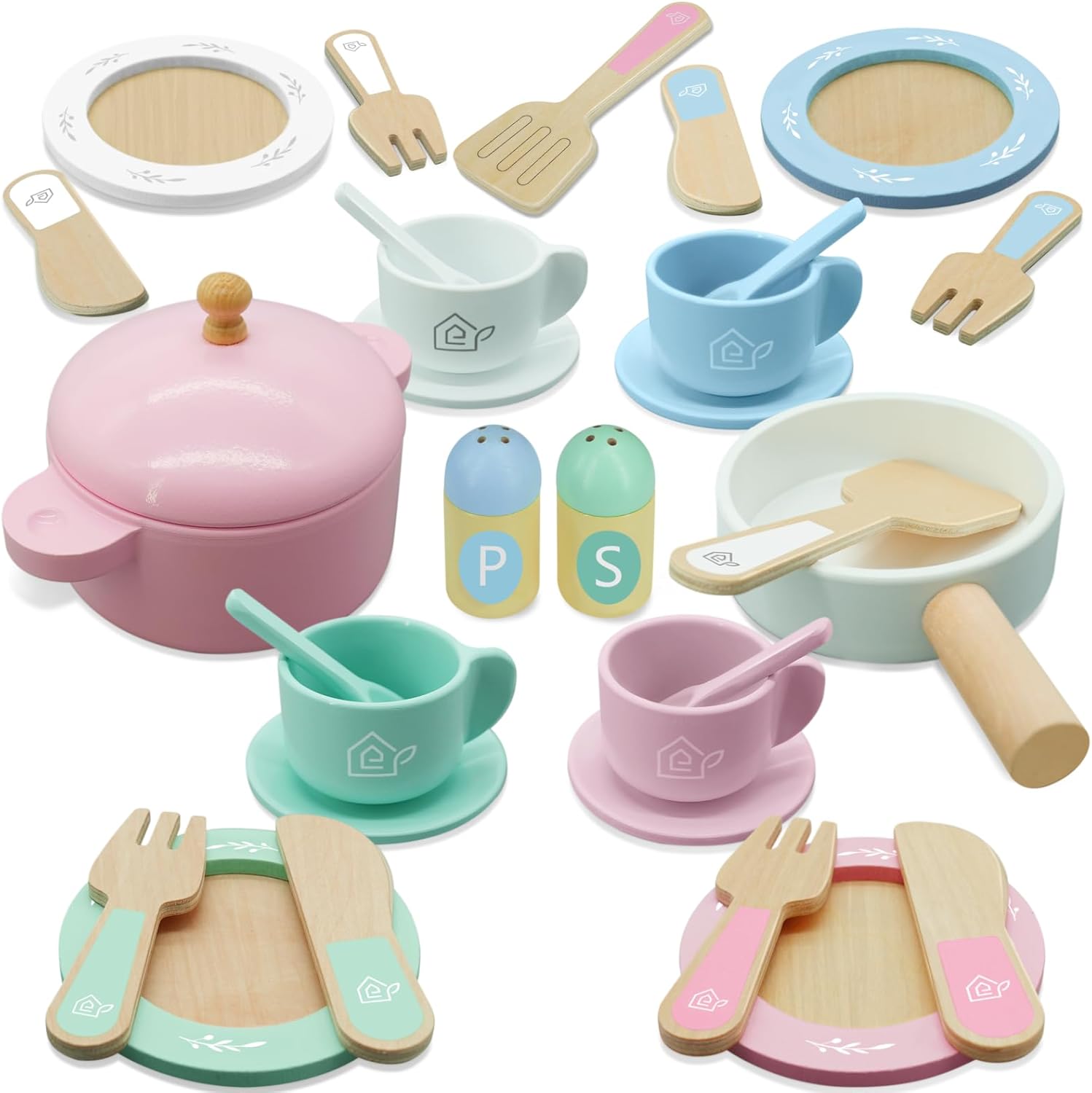 Wooden Toy Plates and Dishes for Kitchen Set, 30PCS Montessori Play Kitchen Accessories for Toddlers with Toy Pots and Pans, Wooden Play Cooking Set for 3-8 Years Girls & Boys