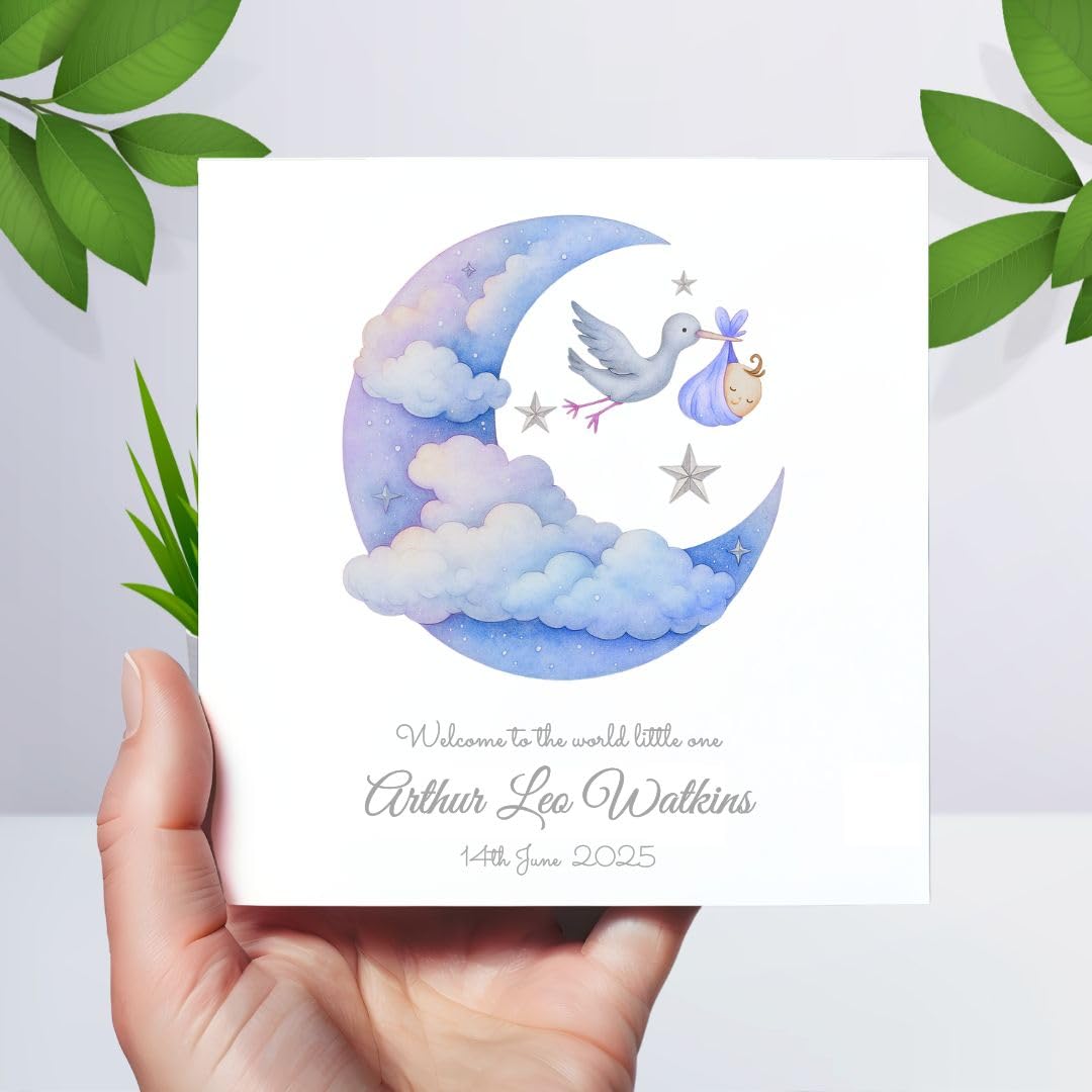 Personalised New Baby Card - Moon & Stork Watercolour Design - Custom Name & Date -Pink or Blue Option - New Baby Arrival Card - Baby Shower Gift -Handmade Keepsake Card (Blue)
