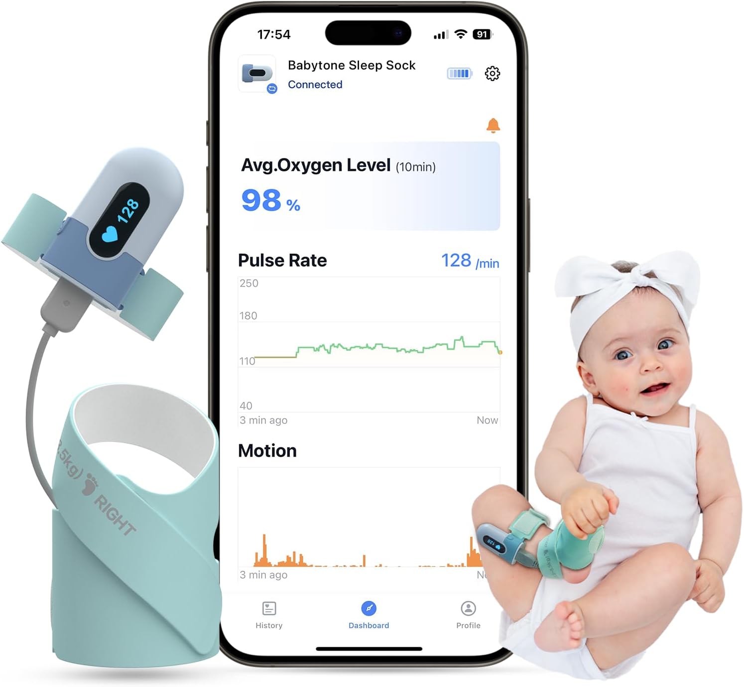 Babytone Baby Sleep Sock, Baby Oxygen Monitor Tracking Avg O2, Pulse Rate and Movement for Infant, Wearable Foot Monitor Smart Sock with Bluetooth and APP, for 0-36 Months Newborn