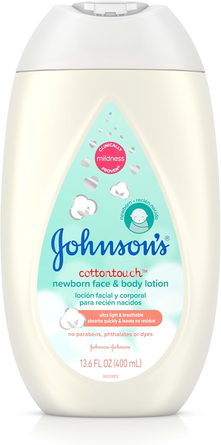 Johnson's CottonTouch Newborn Baby Face and Body Lotion, Hypoallergenic Moisturization for Baby's Skin, Made with Real Cotton, Paraben-Free, Dye-Free, 13.6 fl. oz