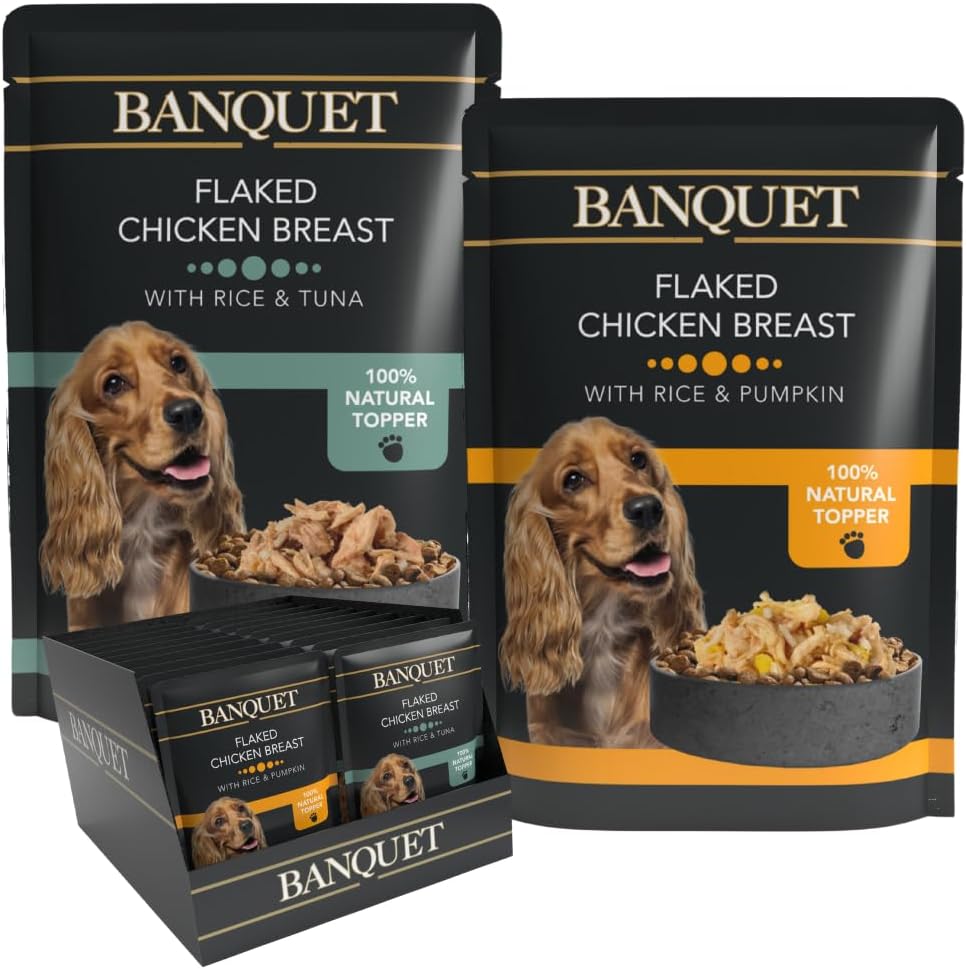 HiLife Banquet Adult Wet Dog Food, Flaked Chicken Breast with Rice & Tuna / Flaked Chicken Breast with Rice & Pumpkin, Made With 100% Natural Ingredients (30 Pouches x 100g)
